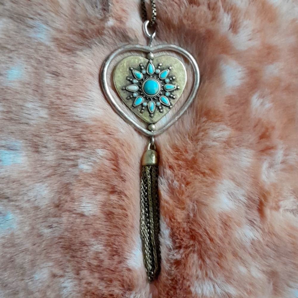 Lucky Brand Reversible Heart Tassel Necklace Antiqued 2 Tone - Picture 2 of 5